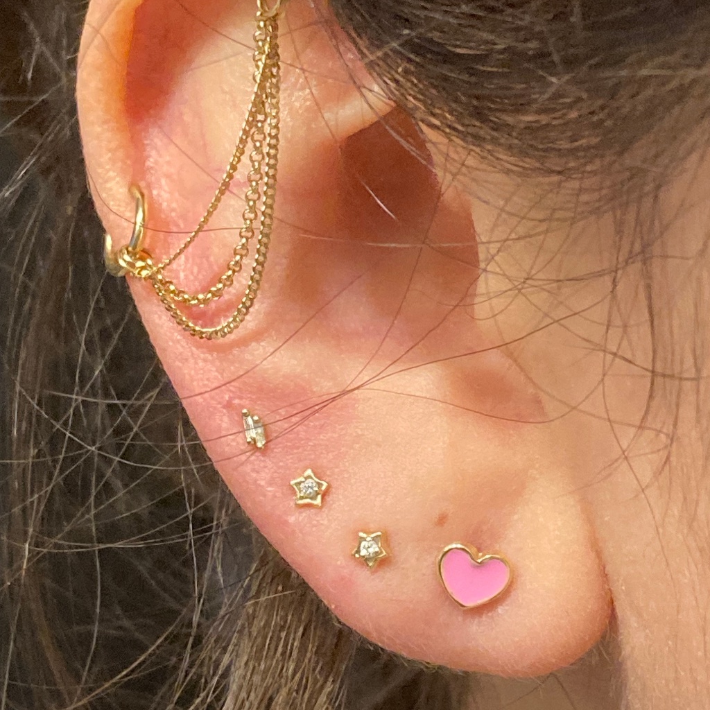 Pair 14k Pink Enamel Yellow Gold Screw On Internally Threaded Heart Studs